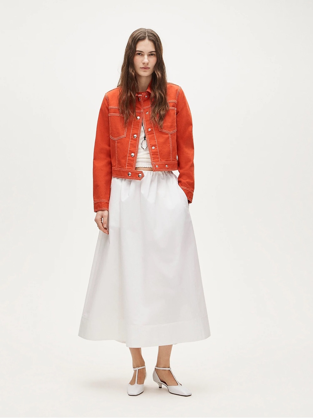 Petite pull-on midi skirt in cotton poplin
